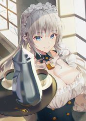 Rule 34 | 1girl, absurdres, blue eyes, blush, breasts, cup, frills, grey hair, highres, hyonee, indoors, long hair, looking at viewer, maid, maid headdress, mole, mole on breast, original, parted lips, smile, sunlight, teacup, tray, upper body, white headwear, window