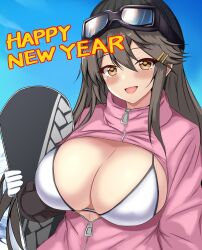 1girl black_hair blue_sky blush bra breasts brown_hair cleavage commentary_request gloves goggles hair_between_eyes hair_ornament hairclip happy_new_year haruna_(kancolle) highres jacket kantai_collection large_breasts long_hair long_sleeves looking_at_viewer montemasa new_year open_clothes open_jacket outdoors pink_jacket sidelocks ski_goggles sky smile snowboard solo underwear upper_body white_bra white_gloves