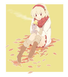 Rule 34 | 1girl, boots, food, hayato (meromoni), headband, leaf, original, scarf, sitting, skirt, solo, sweater, sweet potato