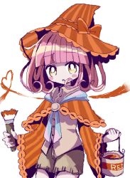 Rule 34 | 1girl, blunt bangs, blush stickers, brown shirt, brown shorts, bucket, buttons, capelet, character request, collared shirt, commentary request, cowboy shot, curly hair, hat, hat ribbon, holding, holding bucket, holding paintbrush, kirby (series), long sleeves, looking at viewer, nintendo, no nose, oekaki, open mouth, orange capelet, orange hat, orange ribbon, paint can, paintbrush, personification, pink hair, ribbon, shirt, shorts, simple background, sketch, solo, striped clothes, striped headwear, usagi nui, white background, yellow eyes