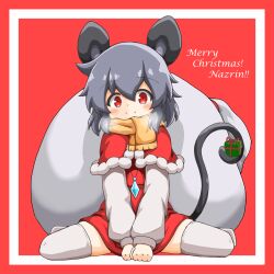 Rule 34 | 1girl, absurdres, animal ears, english text, gift, grey hair, highres, liner41, long sleeves, merry christmas, mouse ears, mouse girl, mouse tail, nazrin, red background, red eyes, sack, santa costume, scarf, sitting, smile, solo, tail, touhou, yellow scarf