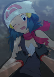 Rule 34 | 1boy, 1girl, ash ketchum, bad id, bad pixiv id, beanie, blue eyes, blue hair, blush, breasts, covered erect nipples, creatures (company), dawn (pokemon), fingerless gloves, game freak, gloves, grabbing, grabbing another&#039;s breast, groping, hair ornament, hat, hetero, long hair, looking at viewer, love (pspdspsp), lying, male hand, matching hair/eyes, nintendo, on back, one eye closed, open mouth, pokemon, pokemon (anime), pokemon dppt (anime), pov, scarf, small breasts, solo focus, sweat, tank top, wince