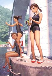 Rule 34 | 3girls, arm support, bare arms, bare legs, bare shoulders, breasts, bridge, brown hair, closed mouth, day, goggles, grey one-piece swimsuit, grin, half-closed eyes, hand up, holding, holding goggles, looking at another, low twintails, medium hair, multiple girls, murata range, old school swimsuit, one-piece swimsuit, open mouth, original, outdoors, ponytail, school swimsuit, shoes, short hair, short twintails, sitting, small breasts, smile, standing, swimsuit, twintails, uwabaki, very short hair, water
