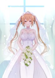 Rule 34 | 1girl, blush, bouquet, breasts, bridal veil, brown eyes, choker, cleavage, closed mouth, collarbone, dress, flower, indoors, kantai collection, large breasts, light brown hair, long hair, looking at viewer, murasame (kancolle), senbei (senbe i), smile, solo, strapless, strapless dress, tiara, twintails, veil, wedding dress, white dress