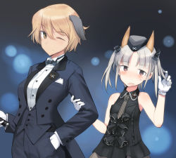 Rule 34 | 2girls, ;), animal ears, blonde hair, blush, bow, bowtie, brave witches, brown eyes, commentary request, dog ears, edytha rossmann, formal, fox ears, garrison cap, gloves, hair bow, hand in pocket, hat, jacket, long sleeves, looking at viewer, multiple girls, necktie, one eye closed, shimada fumikane, short hair, silver hair, sleeveless, smile, striped necktie, striped neckwear, suit, twintails, unworn bowtie, vertical stripes, vest, waltrud krupinski, white gloves, world witches series