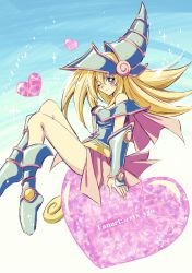 Rule 34 | 1girl, arm support, bare shoulders, blonde hair, blush stickers, boots, breasts, closed mouth, commentary request, dark magician girl, duel monster, floating hair, from side, green eyes, hair between eyes, hat, heart, highres, long hair, looking to the side, one eye closed, pink skirt, sitting, skirt, smile, solo, soya (sys ygo), twitter username, wand, wizard hat, yu-gi-oh!