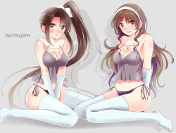 Rule 34 | 10s, 2girls, absurdres, adapted costume, arms behind back, artist name, ashigara (kancolle), babydoll, bad id, bad pixiv id, blush, breasts, brown eyes, brown hair, camisole, cleavage, dated, gloves, grey background, hairband, highres, kantai collection, long hair, looking at viewer, multiple girls, nachi (kancolle), open mouth, panties, ponytail, purple panties, shadow, side-tie panties, sitting, tebi (tbd11), thighhighs, underwear, v arms, very long hair, wariza, white gloves, white legwear
