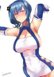 Rule 34 | 1girl, armpits, arms up, azur lane, blue hair, breasts, cleavage, dress, elbow gloves, gloves, kojima (blue stardust), large breasts, ponytail, purple eyes, sideboob, solo, st. louis (azur lane)