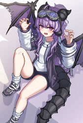 Rule 34 | 1girl, absurdres, ahoge, black jacket, black shorts, claw pose, commentary request, copyright request, dragon girl, dragon horns, dragon tail, dragon wings, drawstring, goggles, goggles on head, grey footwear, hair between eyes, hands up, highres, hood, hood down, hoodie, horns, jacket, knee up, long hair, long sleeves, looking at viewer, open clothes, open jacket, open mouth, puffy long sleeves, puffy sleeves, purple eyes, purple hair, purple wings, sharp teeth, shoes, shorts, sitting, socks, solo, stratosphere (coom1017), tail, teeth, very long hair, white hoodie, white socks, wings