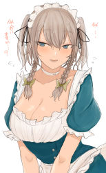 Rule 34 | 1girl, alternate hairstyle, apron, bad id, bad twitter id, blue dress, blue eyes, blush, bow, braid, breasts, cleavage, dress, frilled apron, frilled skirt, frills, green bow, hair bow, highres, izayoi sakuya, large breasts, looking at viewer, maid, maid apron, maid headdress, medium hair, necro (nekurodayo), silver hair, simple background, skirt, solo, touhou, translation request, twin braids, white background