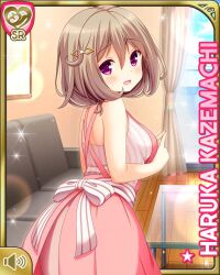 Rule 34 | 1girl, :o, apron, bare arms, brown dress, brown hair, card (medium), character name, day, dress, girlfriend (kari), grey shirt, hair ornament, hairclip, indoors, jewelry, kazemachi haruka, looking at viewer, necklace, no sleeves, official art, open mouth, pearl necklace, pink apron, qp:flapper, red eyes, shirt, short hair, solo, tagme