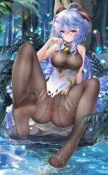 Rule 34 | 1girl, ahoge, bare arms, bare shoulders, bell, black gloves, blue hair, blush, bodystocking, bodysuit, bodysuit under clothes, breasts, brown pantyhose, bug, butterfly, censored, closed mouth, cowbell, detached collar, feet, flower, foot focus, foreshortening, forest, full body, ganyu (genshin impact), genshin impact, gloves, goat horns, gold trim, hair between eyes, highres, horns, insect, kamue, large breasts, legs, long hair, long sleeves, mosaic censoring, nature, neck bell, no shoes, nose blush, outdoors, paid reward available, pantyhose, pelvic curtain, ponytail, presenting foot, purple eyes, pussy, see-through, see-through legwear, sidelocks, sleeveless, soles, solo, spread legs, thighs, toes, torn clothes, tree, very long hair, water