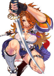 Rule 34 | 1girl, breasts, cameltoe, cleavage, clenched teeth, curvy, covered erect nipples, female focus, hair over one eye, highres, kagemitsu ryuuko, large breasts, long hair, multicolored hair, orange hair, panties, red eyes, scar, school uniform, shinken!!, skirt, solo, spiked hair, spikes, sword, teeth, thick thighs, thighs, thong, toned, torn clothes, underwear, weapon, wide hips, zunta