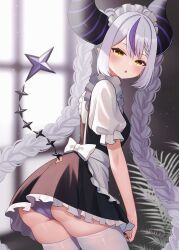 Rule 34 | 1girl, ahoge, alternate costume, alternate hairstyle, apron, black dress, black horns, blush, braid, braided bangs, breasts, chestnut mouth, create8, dress, grey hair, highres, hololive, horns, la+ darknesss, looking at viewer, maid, maid apron, maid headdress, multicolored hair, nail polish, open mouth, panties, pantyshot, pointy ears, purple hair, purple panties, small breasts, solo, streaked hair, striped horns, thighhighs, twin braids, underwear, virtual youtuber, white apron, white thighhighs