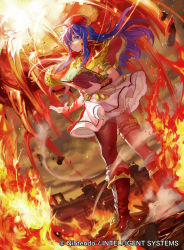 Rule 34 | 1girl, black pantyhose, blue eyes, blue hair, book, boots, capelet, casting spell, castle, copyright name, dress, fiery background, fire, fire emblem, fire emblem: the binding blade, fire emblem cipher, hat, jewelry, lilina (fire emblem), long hair, matching hair/eyes, mayo (becky2006), nintendo, official art, open book, pantyhose, serious, skirt, solo