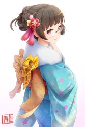 Rule 34 | 10s, 1girl, alternate costume, alternate hairstyle, black hair, blunt bangs, choukai (kancolle), commentary request, floral print, flower, from behind, glasses, gradient background, hair flower, hair ornament, japanese clothes, kantai collection, kimono, looking at viewer, obi, red eyes, sash, signature, simple background, smile, solo, tomamatto, transparent background, wide sleeves, yukata