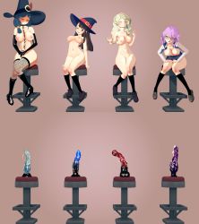 Rule 34 | 4girls, absurdres, chair, croix meridies, diana cavendish, dildo, dildo reveal, female masturbation, fishnets, hat, highres, kagari atsuko, kneehighs, little witch academia, loluncc, masturbation, multiple girls, sex toy, simple background, sitting, socks, source request, stool, tagme, third-party edit, ursula callistis, witch, witch hat