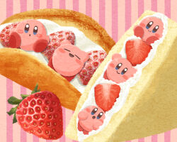 Rule 34 | blue eyes, blush stickers, closed eyes, closed mouth, food, food focus, fruit, fruit sandwich, kirby, kirby (series), looking at viewer, miclot, nintendo, open mouth, pastry, pink footwear, powdered sugar, shoes, smile, strawberry, whipped cream