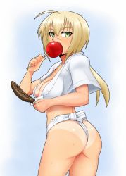 Rule 34 | 1girl, ass, blonde hair, blush, breasts, candy apple, chocolate banana, cleavage, eating, food, fundoshi, green eyes, hanna rudel, japanese clothes, kunashiri (etorofu), large breasts, long hair, looking at viewer, no bra, ponytail, scar, shiny skin, simple background, solo, standing, strike witches, strike witches: suomus misfits squadron, sweat, tan, tanline, world witches series