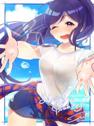 Rule 34 | 10s, 1girl, ;d, blue hair, blush, bra, breasts, clothes around waist, commentary request, happy birthday, long hair, looking at viewer, love live!, love live! school idol festival, love live! sunshine!!, matsuura kanan, medium breasts, one eye closed, open mouth, outstretched arms, plaid, plaid shirt, ponytail, purple eyes, see-through, shima (mahirooon), shirt, shirt around waist, short shorts, shorts, sidelocks, signature, smile, solo, sparkle, spread arms, twitter username, underwear, water drop, white shirt