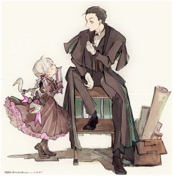 Rule 34 | 1boy, 1girl, bad id, bad twitter id, black hair, black suit, book, box, braid, cardboard box, doll joints, dress, fate/grand order, fate (series), formal, gloves, hair bow, hair slicked back, joints, multiple hair bows, nursery rhyme (fate), sherlock holmes (fate), sitting, smoking pipe, suit, twin braids, white gloves, white hair