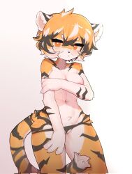 Rule 34 | 1girl, animal ears, animal print, arknights, black panties, body fur, breasts, cleavage, closed mouth, commentary, covering breasts, covering privates, cowboy shot, crayon (crayon1006), furry, furry female, glasses, highres, looking at viewer, medium breasts, navel, nipple slip, nipples, no bra, orange eyes, orange hair, panties, short hair, solo, stomach, symbol-only commentary, tail, thick eyebrows, tiger ears, tiger girl, tiger print, tiger tail, underwear, underwear only, waai fu (arknights), white background