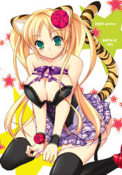 Rule 34 | 1girl, animal ears, bad id, bad pixiv id, blonde hair, breasts, cleavage, green eyes, hair ornament, large breasts, niko, niko (azurite), original, panties, panty pull, plaid, plaid skirt, ribbon, sitting, skirt, solo, tail, thighhighs, tiger ears, tiger tail, twintails, underwear, wrist cuffs