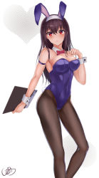 Rule 34 | 1girl, animal ears, black hair, black pantyhose, bow, bowtie, breasts, clipboard, detached collar, fake animal ears, feet out of frame, heart, highres, kasumigaoka utaha, large breasts, leotard, long hair, pantyhose, playboy bunny, purple leotard, rabbit ears, rabbit girl, rabbit tail, red bow, red bowtie, red eyes, saenai heroine no sodatekata, simple background, solo, standing, strapless, strapless leotard, tail, user mnwn3283, white background, wrist cuffs