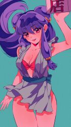 Rule 34 | 1girl, apron, bell, bikini, bikini under clothes, bow, box, breasts, cleavage, cowboy shot, double bun, food delivery box, hair bell, hair bow, hair bun, hair ornament, highres, holding, holding box, large breasts, long hair, looking at viewer, medium breasts, purple hair, ranma 1/2, red eyes, rumic 0620, shampoo (ranma 1/2), sidelocks, simple background, solo, swimsuit