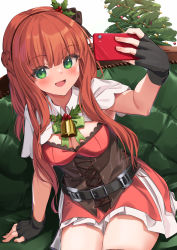 Rule 34 | 1girl, :d, bell, black gloves, blunt bangs, blush, bow, bowtie, braid, breasts, christmas tree, cleavage, corset, curly hair, de ruyter (kancolle), dress, fingerless gloves, french braid, gloves, green eyes, headband, highres, holding, holding phone, jingle bell, kantai collection, kokenashi, long hair, medium breasts, neck bell, open mouth, phone, red dress, red hair, selfie, side braid, sitting, smile, taking picture, wavy hair