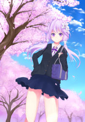 Rule 34 | 1girl, ahoge, alternate costume, bag, bow, bowtie, buttons, cherry blossoms, cloud, day, flower, from below, gluteal fold, hair flower, hair ornament, hair tubes, hand in pocket, highres, holding, holding bag, jacket, long hair, looking at viewer, petals, pleated skirt, purple eyes, purple hair, school bag, school uniform, shirt, shirua (s4-42424), short hair with long locks, skirt, sky, smile, solo, tree, twintails, vocaloid, voiceroid, yuzuki yukari