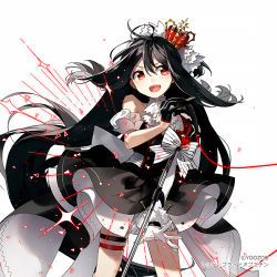 Rule 34 | 1girl, black dress, black hair, bow, character request, copyright request, crown, detached sleeves, dress, gloves, layered dress, long hair, open mouth, red eyes, rella, simple background, sleeveless, sleeveless dress, solo, teeth, upper teeth only, white background, white gloves