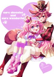 Rule 34 | 2girls, :d, animal ear fluff, animal ears, bike shorts, blonde hair, blush, bow, brooch, brown hair, brown headwear, character name, crown, cure chocolat, cure wonderful, dog ears, doroshii, dot nose, earrings, extra ears, hairband, hat, heart, heart brooch, highres, in-franchise crossover, inukai komugi, jewelry, juliet sleeves, kenjou akira, kirakira precure a la mode, long hair, long sleeves, looking at another, magical girl, mini crown, mini hat, mini top hat, multicolored hair, multiple girls, open mouth, pantyhose, pink footwear, pink hair, pink wrist cuffs, precure, puffy sleeves, purple bow, purple eyes, red eyes, red hair, red shorts, shoes, short hair, shorts, simple background, sitting, sitting on lap, sitting on person, smile, streaked hair, striped bow, striped clothes, striped pantyhose, swept bangs, thighhighs, tilted headwear, top hat, trait connection, twitter username, two-tone hair, white background, white thighhighs, wonderful precure!, wrist cuffs, yellow hairband