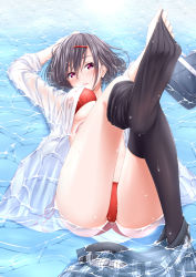 Rule 34 | 1girl, ass, bag, bikini, black thighhighs, blush, dripping, hair ornament, hairclip, highres, looking at viewer, lying, moe2018, on back, oosato haya, original, parted lips, partially submerged, plaid, plaid skirt, purple eyes, red bikini, school bag, skirt, unworn skirt, solo, swimsuit, thighhighs, undressing, water, wet