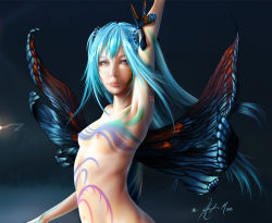 Rule 34 | 1girl, artist name, blue hair, bodypaint, breasts, bug, butterfly, hatsune miku, hayden mackenzie, haydenm, insect, long hair, navel, nipples, nude, realistic, signature, simple background, small breasts, solo, vocaloid, wings