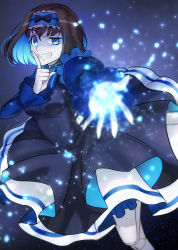 Rule 34 | 10s, 1girl, black hair, blue dress, blue eyes, blue hair, blue theme, colored inner hair, doll joints, dress, garie tuman, grin, hairband, highres, index finger raised, joints, looking at viewer, multicolored hair, outstretched arm, senki zesshou symphogear, sharp teeth, smile, solo, teeth, ttknok, two-tone hair