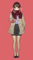 Rule 34 | 1girl, backpack, bag, black footwear, blush, brown eyes, brown hair, brown pantyhose, coat, commentary, douki-chan (douki-chan), full body, ganbare douki-chan, gift, hand in pocket, highres, looking at viewer, pantyhose, pencil skirt, pink background, scarf, simple background, skirt, solo, valentine, winter clothes, winter coat, yomu (sgt epper)