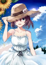 Rule 34 | 1girl, :d, absurdres, bare shoulders, beach, blue eyes, blue sky, blush, brown hair, cloud, cloudy sky, collarbone, commentary request, daisy, day, dress, flower, frilled dress, frills, hat, hat flower, highres, kooan, looking at viewer, ocean, open mouth, original, outdoors, petals, short hair, sky, smile, solo, straw hat, summer, sun hat, sunflower, white dress, white flower