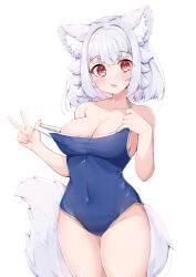 Rule 34 | 1girl, alternate costume, animal ear fluff, animal ears, bare shoulders, blush, breasts, cleavage, commentary request, covered navel, fang, grey hair, inubashiri momiji, large breasts, looking at viewer, medium hair, nail polish, one-piece swimsuit, open mouth, pink eyes, rururiaru, simple background, skin fang, solo, strap pull, swimsuit, tail, touhou, white background, wolf ears, wolf tail
