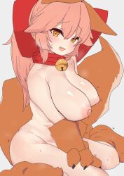 Rule 34 | 1girl, animal ears, animal hands, bell, blush, breasts, brown footwear, brown gloves, cat paws, cleavage, collar, collarbone, completely nude, fang, fate/grand order, fate (series), fox ears, fox girl, fox tail, gloves, grey background, groin, hair between eyes, hair ribbon, highres, large breasts, looking at viewer, neck bell, nipples, nude, open mouth, orange eyes, paw gloves, paw shoes, pink hair, plump, ponytail, red collar, red ribbon, ribbon, rottenweiler, simple background, sitting, skin fang, solo, sweat, tail, tamamo (fate), tamamo cat (fate), thighs, wariza
