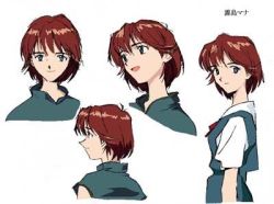 Rule 34 | 1girl, :d, blue eyes, breasts, brown hair, character name, character sheet, closed mouth, cowboy shot, flipped hair, from side, girlfriend of steel, kirishima mana, light smile, looking at viewer, looking back, looking to the side, lowres, multiple views, neon genesis evangelion, neon genesis evangelion: iron maiden, official art, open mouth, portrait, profile, ribbon, sadamoto yoshiyuki, school uniform, serafuku, shirt, short hair, short sleeves, simple background, skirt, small breasts, smile, suspender skirt, suspenders, white background