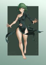 Rule 34 | 1girl, absurdres, artist name, barefoot, black background, black dress, blood, breasts, closed mouth, covered navel, dated, dress, full body, gogo (gogo 23), green hair, grey background, highres, injury, long sleeves, one-punch man, short hair, single bare shoulder, small breasts, solo, tatsumaki, torn clothes, torn dress, translation request