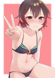 Rule 34 | 1girl, bikini, black bikini, blush, breasts, brown hair, collarbone, commentary request, cowboy shot, crescent, crescent pin, gradient hair, highres, kantai collection, looking at viewer, multicolored hair, mutsuki (kancolle), nose blush, parted lips, red hair, sakieko, short hair, side-tie bikini bottom, sitting, small breasts, smile, solo, swimsuit, v