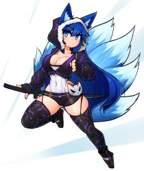 Rule 34 | 1girl, absurdres, animal ears, black gloves, black shorts, black thighhighs, blue eyes, blue hair, blush, borrowed character, breasts, cleavage, closed mouth, collarbone, commission, covered navel, d-floe, fingerless gloves, fox ears, fox girl, fox tail, full body, garter straps, gloves, highres, large breasts, leotard, long sleeves, looking at viewer, micro shorts, original, short hair, shorts, smile, solo, tail, thick thighs, thighhighs, thighs, white leotard