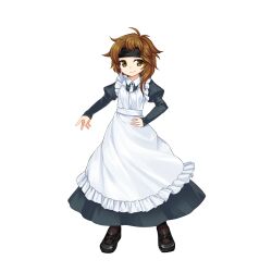 Rule 34 | 1other, alternate costume, androgynous, anmita (rarutos), apron, black dress, black footwear, brown eyes, brown hair, brown socks, closed mouth, commentary request, dress, enmaided, frilled apron, frills, full body, hand on own hip, juliet sleeves, kurohebi, len&#039;en, long sleeves, maid, maid apron, medium hair, other focus, puffy sleeves, smile, socks, solo, tachi-e, white apron