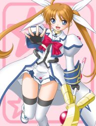 Rule 34 | 00s, 1girl, :d, blue eyes, brown hair, fingerless gloves, gloves, long hair, lyrical nanoha, mahou shoujo lyrical nanoha, mahou shoujo lyrical nanoha strikers, open mouth, outstretched hand, raising heart, raising heart (accel mode), smile, solo, staff, t2r, takamachi nanoha, takamachi nanoha (aggressor mode), thighhighs, twintails, zettai ryouiki
