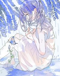 Rule 34 | 1girl, aspara, bare arms, barefoot, blue butterfly, blue flower, blue hair, bug, butterfly, commentary request, dress, flower, flower request, from side, highres, bug, long hair, original, profile, rain, sitting, solo, tears, white dress