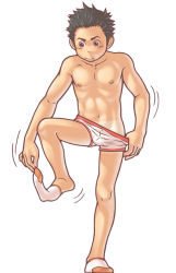 Rule 34 | 1boy, black hair, blush, boxer briefs, boxers, clothes pull, full body, male focus, male underwear, original, pants, pants pull, pulled by self, topless male, short hair, socks, solo, tan, tanline, torte (triggerhappy), underwear