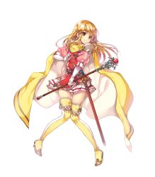 Rule 34 | 1girl, belt, blonde hair, brown eyes, cape, earrings, elbow gloves, fire emblem, fire emblem: genealogy of the holy war, fire emblem heroes, full body, gloves, highres, holding, jewelry, lachesis (fire emblem), long hair, miwabe sakura, nintendo, official art, shoulder pads, solo, staff, sword, thighhighs, transparent background, weapon, zettai ryouiki
