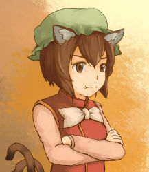 Rule 34 | 1girl, :t, aki03, animal ears, cat ears, cat girl, chen, crossed arms, female focus, gradient background, hat, pout, solo, touhou, upper body